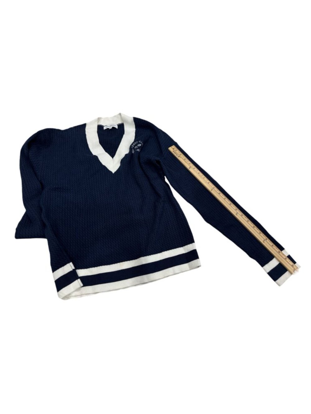 WeWoreWhat Tennis Club Knit Sweater Navy/White XS/S Long Sleeve Pullover V-Neck - Picture 7 of 9